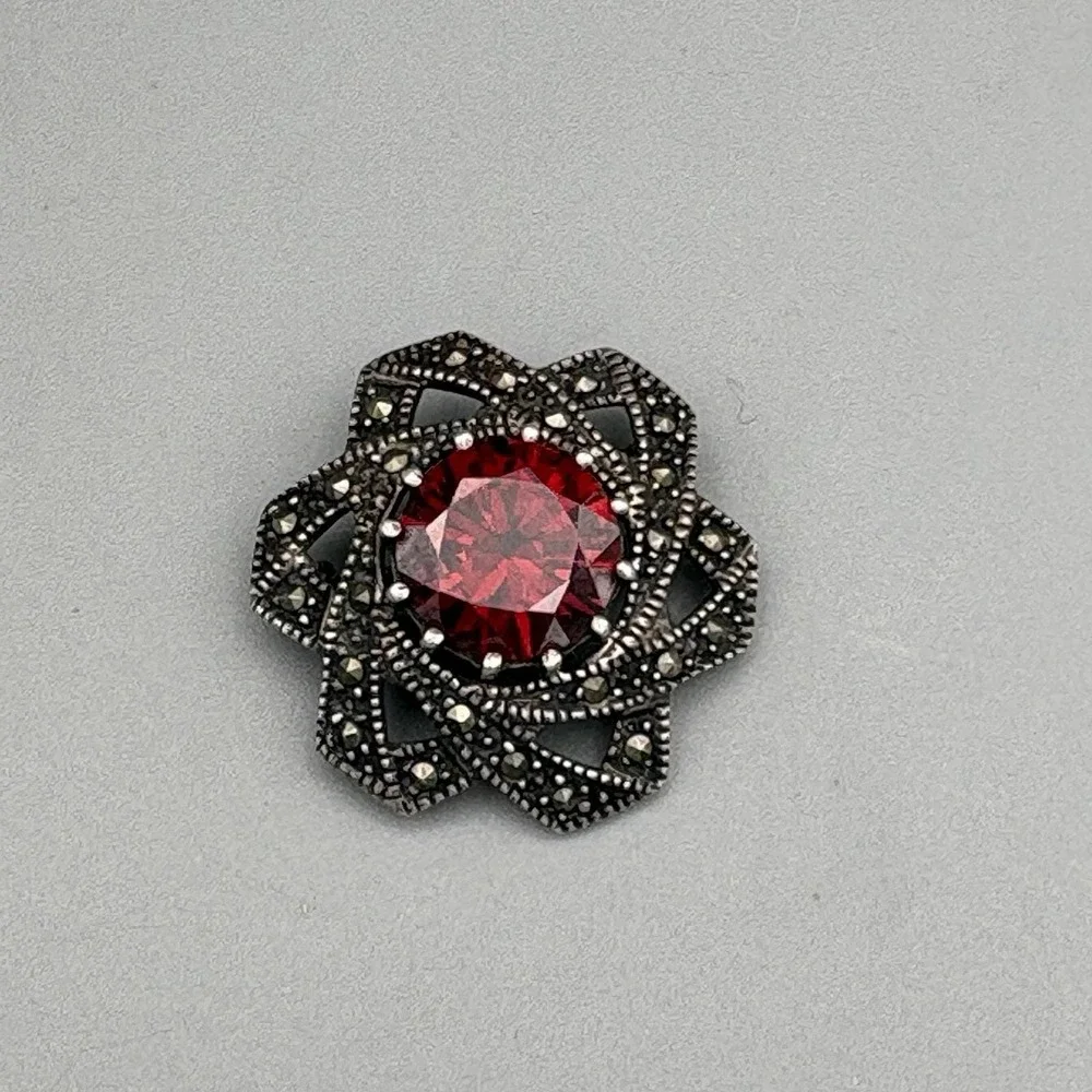 Vintage Sterling Silver Flower Pin Marcasite Red Glass Star Statement